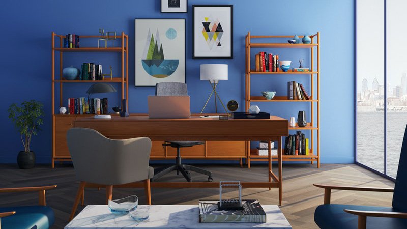 Projects brown wooden desk with rolling chair and shelves near window